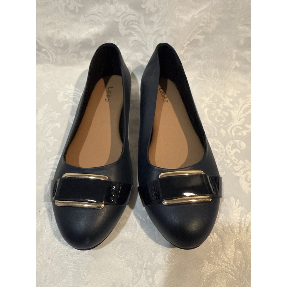 Luoika Womens Wide Width Ballet Flats Blue Black Gold Buckle Shoes Slip On 9.5